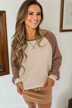 Camel Waffle Color Block Raglan Sleeve Top