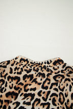 Khaki Plus Size Leopard Print Stitch Detail Ruffled Short Sleeve Blouse