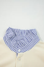 White Button Striped Collar Patchwork Puff Sleeve Sweatshirt
