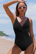 Dark Blue Twist Ruched Crisscross V Neck One Piece Swimsuit