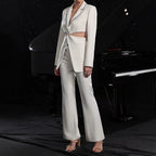 Women's Elegant Hollow-Out Long-Sleeve Suit Jacket & Pants Set