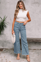 Gray Leopard Frayed Edge Wide Leg High Waist Jeans