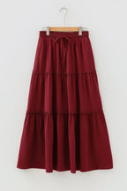 Fiery Red Black Frill Tiered Drawstring Waist Maxi Skirt