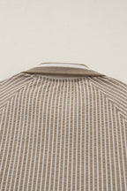 Khaki Stripe Zip up Collared Puff Sleeve Ruffled Plus Size Mini Dress