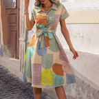 Boho Floral Midi Dress for Women – V-Neck Short Sleeve Summer Casual Dress