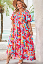 Rose Abstract Printed Puff Sleeve Square Neck Smocked Bust Tied Back Plus Size Dress