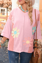 Green Flower Patched Exposed Seam 3/4 Sleeve top