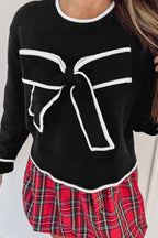Fiery Red Contrast Trim Big Bow Accent Holiday Cropped Sweater