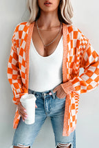 Brown Checkered Open Front Drop Shoulder Cardigan