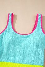 Iceland Blue Textured Color Block Patchwork One Piece Swimsuit