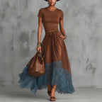 Short-Sleeve Top and Lace-Panel Midi Skirt Set