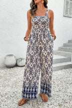 Blue Boho Geometric Print Smocked High Waist Wide Leg Jumpsuit