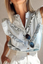 Sky Blue Mineral Wash Sleeveless Frill Button-Up Denim Shirt