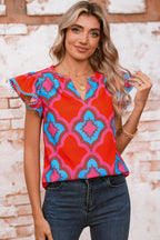 Red Random Abstract Print V Neck Ruffle Shoulder Blouse
