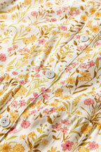 Yellow Floral Print Frilly Trim Smocked Cuff Long Sleeve Loose Shirt Dress
