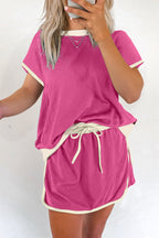Rose Red Colorblock Edge Drop Shoulder T Shirt and Skort Set