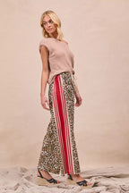 BiBi Leopard Print Pants with Side Contrast and Tucking Welt Pocke