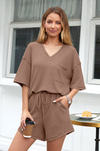 Rose Red Solid Color Waffled V Neck Loose Tee Drawstring Shorts Set