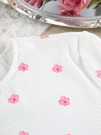 Floral Print Ribbed Knit Top and Shorts Lounge Set
