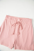 Gossamer Pink Ribbed Button V Neck Tank Top and Shorts Set