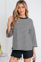 Sachet Pink Striped Print Drop Shoulder Lace Trim Bracelet Sleeve Loose Top