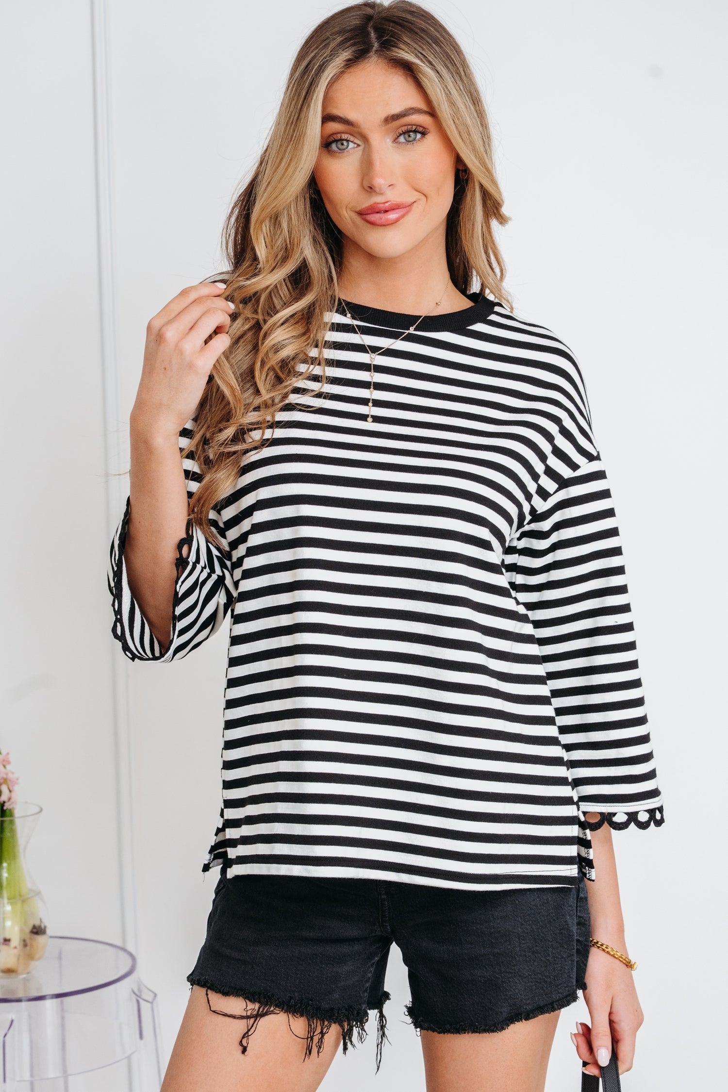 Sachet Pink Striped Print Drop Shoulder Lace Trim Bracelet Sleeve Loose Top