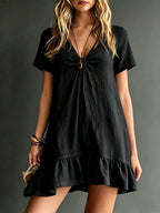 Women's V-Neck Short-Sleeve Midi Dress – Ice Silk Crepe Loose Casual