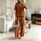 Women's V-Neck Loose Short-Sleeve Top & Wide-Leg Pants Set