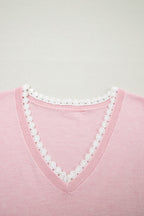 Strawberry Pink Lacy V Neckline Short Sleeve Sweater