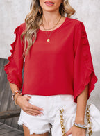 Black Frill Trim Plain Tulip Sleeve Blouse