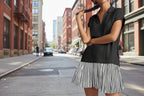 Fisoew Striped Patchwork Polo V‑Neck Mini Dress with Pockets
