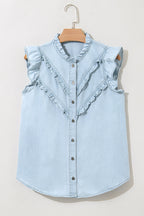 Sky Blue Mineral Wash Sleeveless Frill Button-Up Denim Shirt