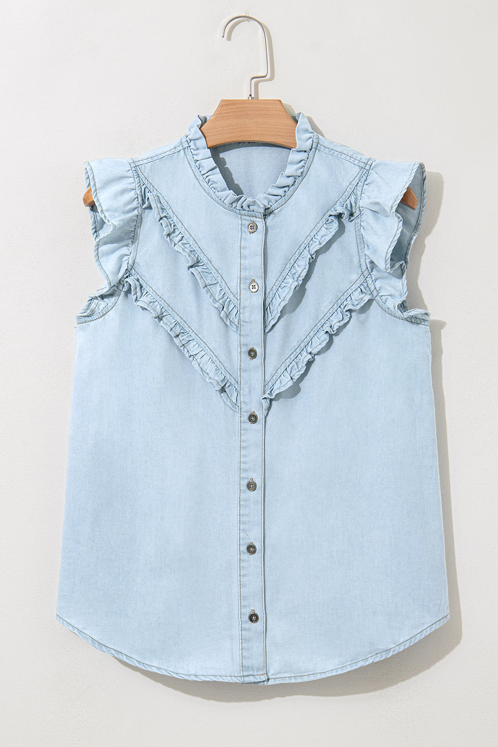 Sky Blue Mineral Wash Sleeveless Frill Button-Up Denim Shirt