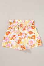 Pink Boho Floral Shirred High Waist Casual Shorts