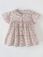 Children's Floral Print Button-Front Ruffle Sleeve Dress