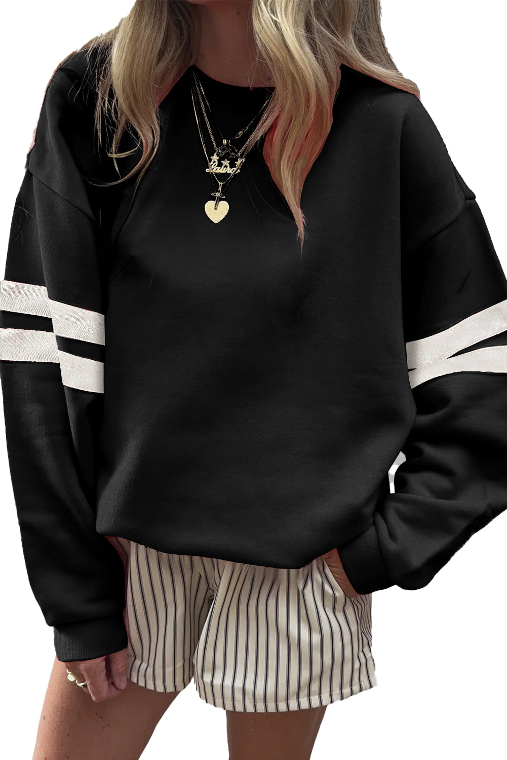 Fiery Red Preppy Striped Sleeve Loose Sweatshirt