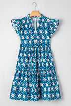Blue Retro Floral Print Split Neck Ruffle Short Sleeve Dress