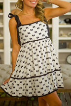 White Bow Knot Color Contrast Trim Knotted Shoulder Mini Dress