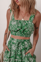 Green Floral Print Shirred Crop Top and High Waist Midi Skirt Set