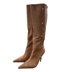New Arqa Womens 7.5 Brown Faux Leather Studded 4" Heel Knee High Boots Shoes