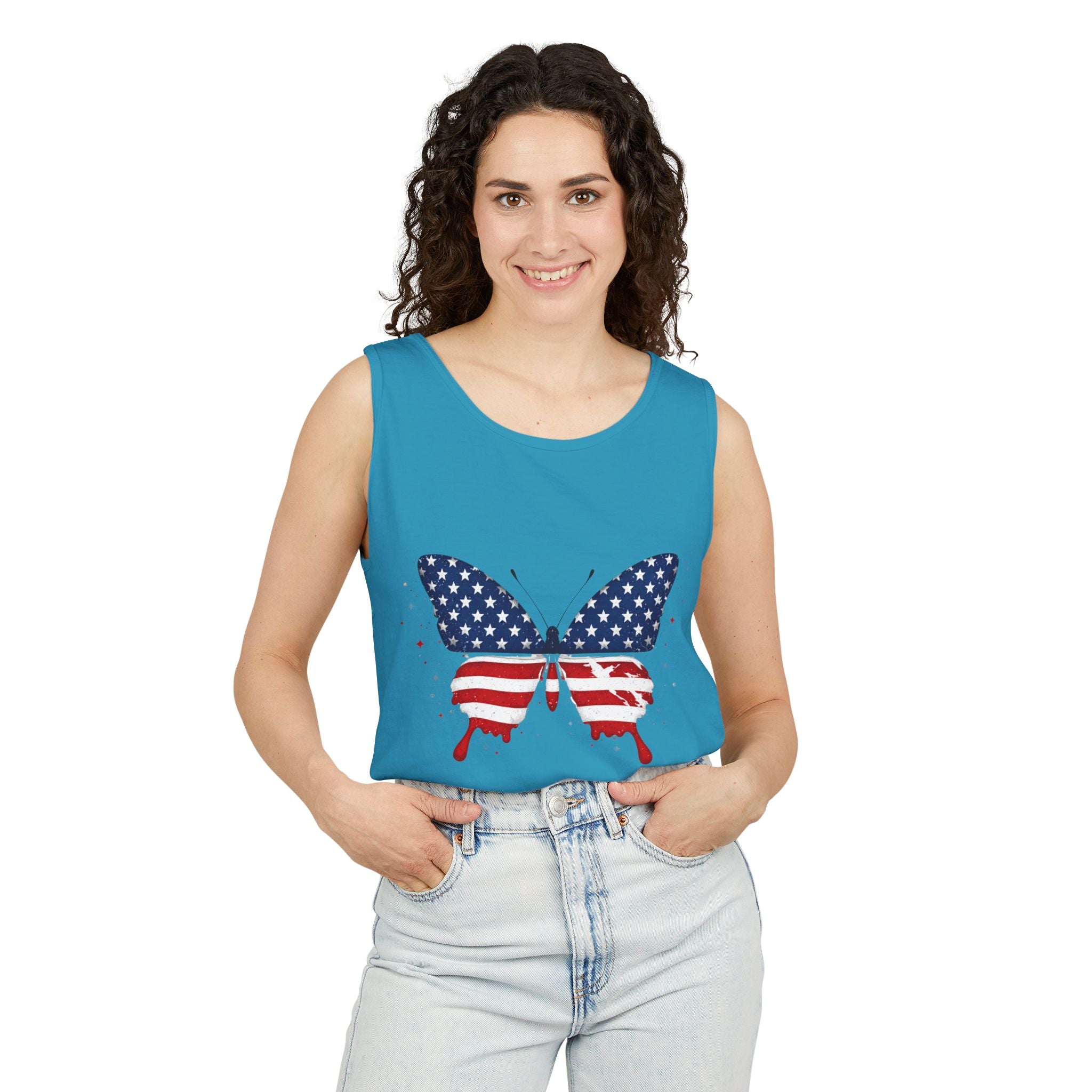 American Flag Butterfly Tank Top Patriotic Summer Graphic 4th of July and Everyday Wear