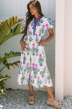 White Floral Puff Short Sleeve V Neck High Waist Maxi Dress