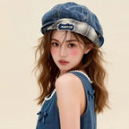 Double-Brim Turned-Up Denim Beret – Breathable Cotton Hat for Women