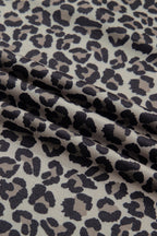 Khaki Leopard Print Half Zip Striped Trim Patchwork Short Sleeve Top