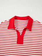 Stripe Collared V Neck Drop Shoulder Pullover and Skort 2pcs Outfit