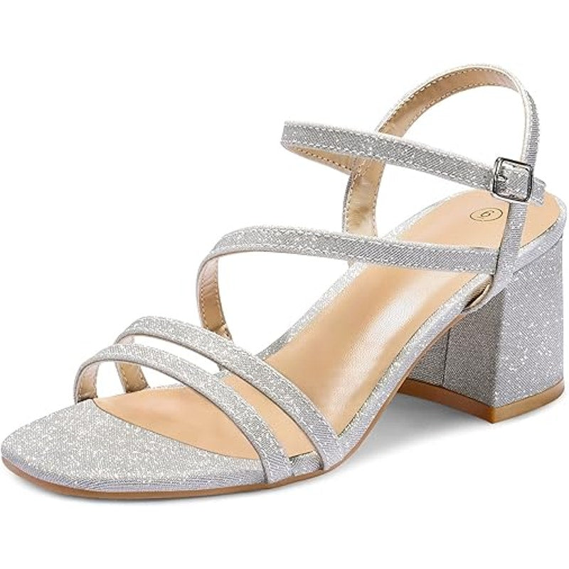 Mysoft Womens Size 9 Silver Glitter 2.5" Block Heel Open Toe Ankle Strap Shoes