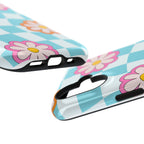 Phone Case Retro Checkerboard with Pink & Orange Daisies (Impact-Resistant)