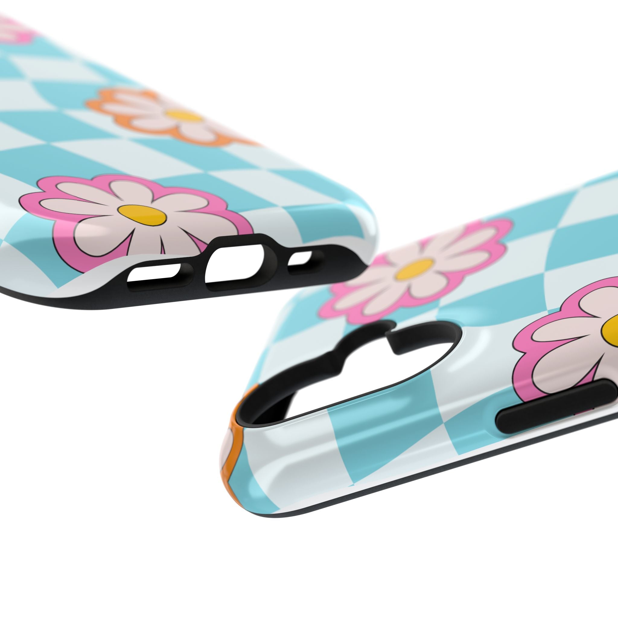 Phone Case Retro Checkerboard with Pink & Orange Daisies (Impact-Resistant)