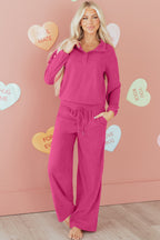Peach Blossom Half Button Pullover Drawstring Pants Solid Color Corduroy 2pcs Outfit