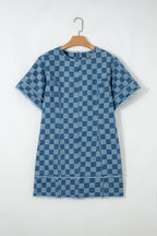 Sky Blue Frayed Hem Checkered Denim Mini Dress